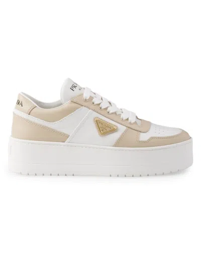 Prada Downtown Bicolor Leather Low-top Sneakers In White Beige