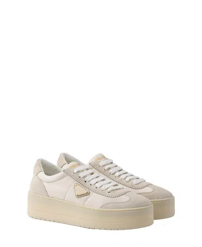 Prada Downtown Bold Nylon And Suede Sneakers In Ivory