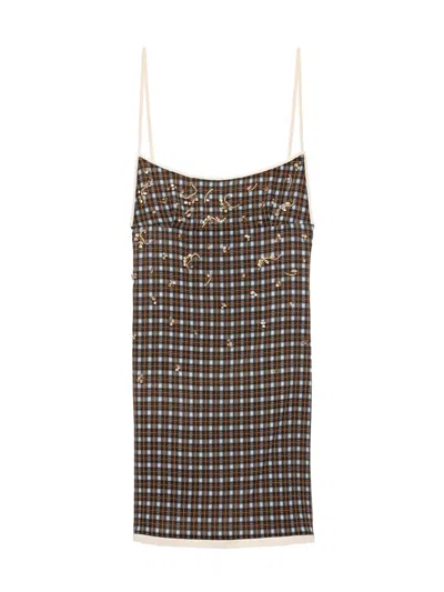 Prada Verziertes Minikleid Aus Kariertem Georgette In Black