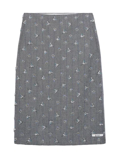 Prada Women's Embellished Pinstripe Wool Skirt In Gray