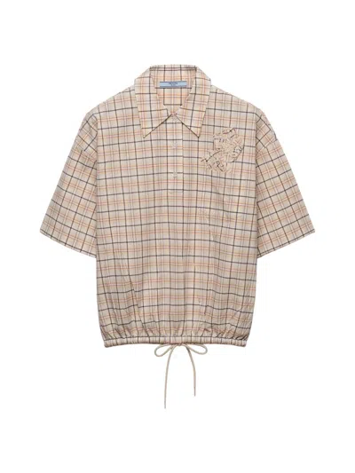 Prada Embroidered Checked Poplin Top In Neutral
