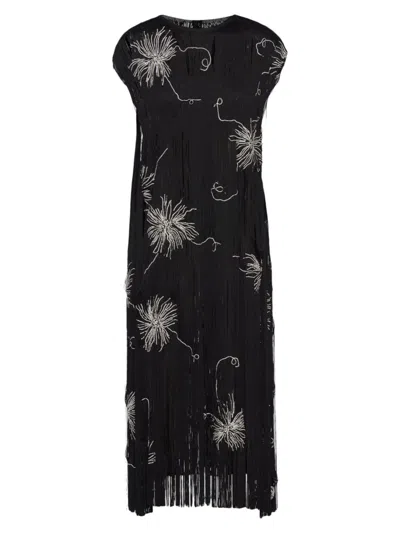 Prada Fringed Embroidered Dress In Black