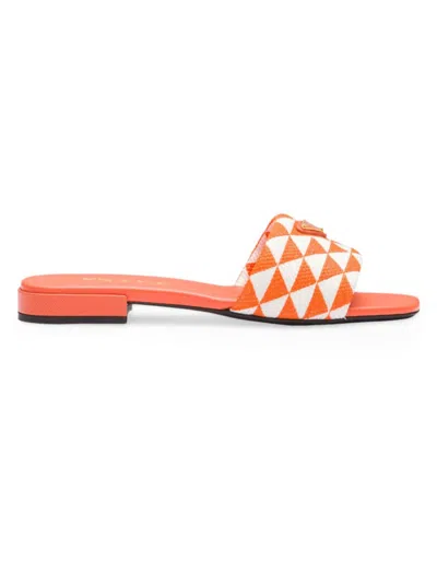 Prada Embroidered Fabric Slides In Orange/white