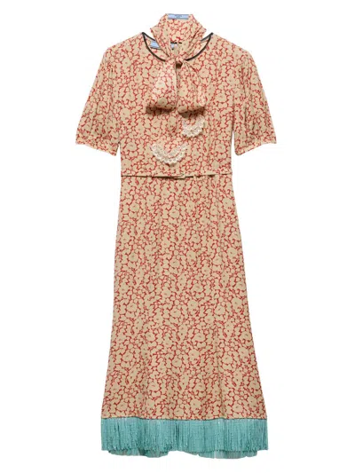 Prada Sable Floral Midi Dress With Scarf Tie In Multi