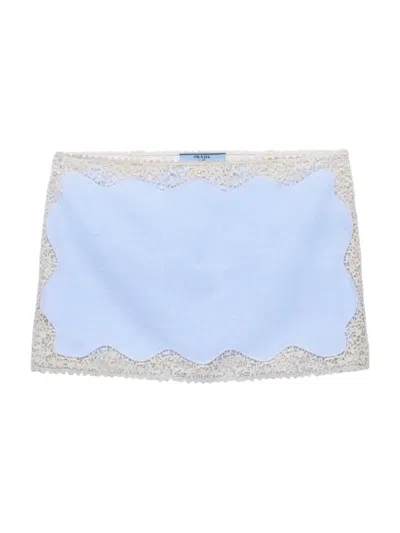 Prada Women's Embroidered, Lace-trimmed Linen Miniskirt In Blue