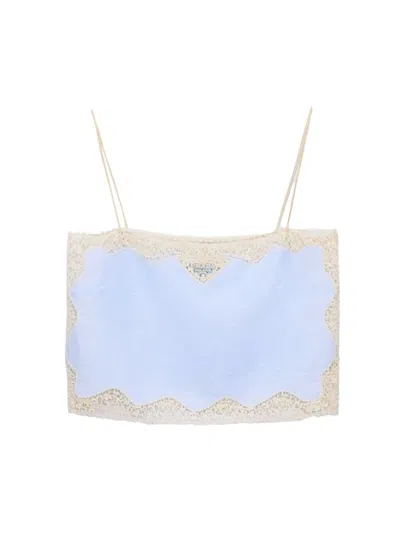 Prada Lace-trimmed Linen Top In Blue