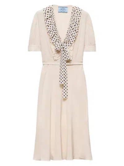 Prada Embroidered Marocain Dress In Neutral