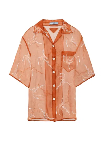 Prada Floral-embroidery Silk Organza Shirt In Orange