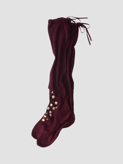 Prada Fine-knit Floral-embroidered Over-the-knee Socks In Burgundy