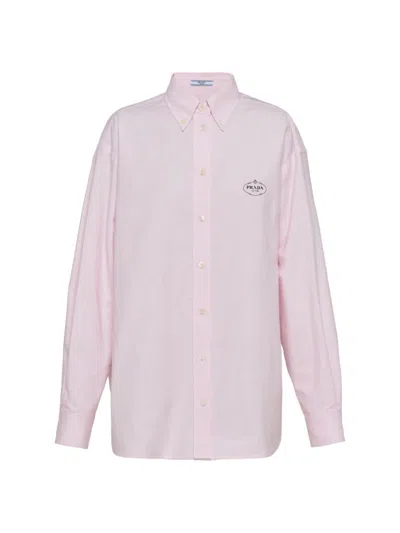 Prada Logo-embroidered Long-sleeved Cotton Shirt In Pink