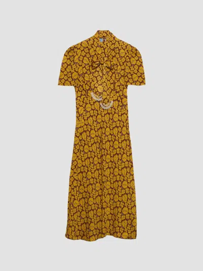 Prada Sable Floral Long Dress With Scarf Tie In Animal Print