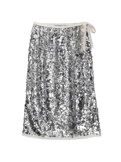 Prada Sequin-embellished Side-tie Midi Skirt In Silver