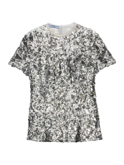 Prada Sequin-embellished Short-sleeved Blouse In Silver