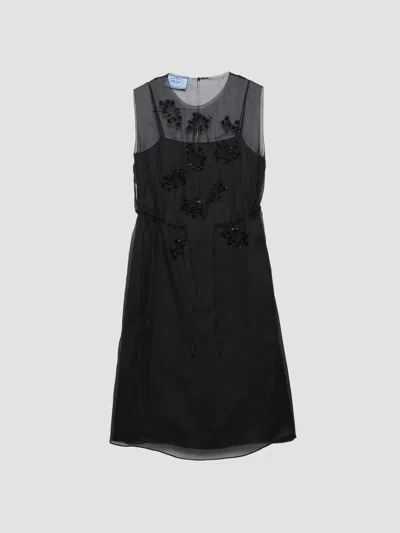 Prada Embroidered Silk Cigaline Dress In Black