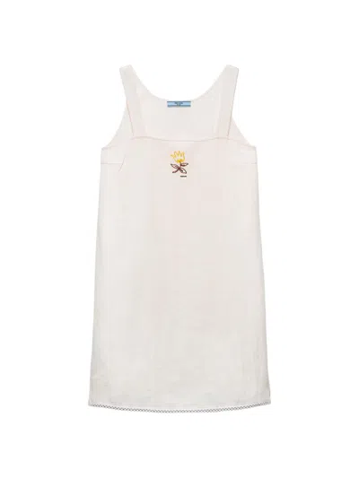 Prada Womens White Embroidered Slubbed Linen Mini Dress