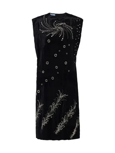 Prada Embroidered Georgette Sleeveless Dress In Black