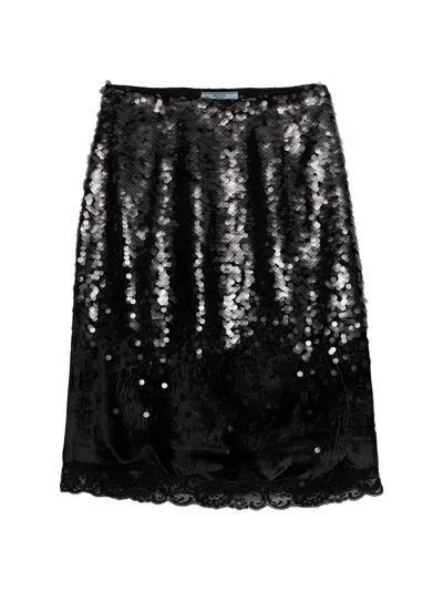Prada Women's Embroidered Velvet Midi-skirt In Black