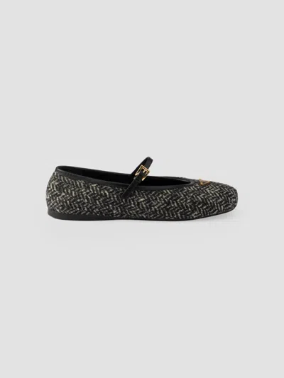 Prada Logo Herringbone Tweed Mary Jane Flat In Black