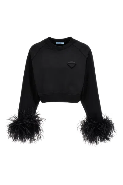 Prada Sweatshirt Mit Rundhalsausschnitt Und Federbesatz In Black