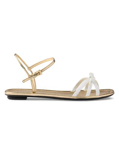 Prada Flat Patent And Metallic Leather Sandals In White