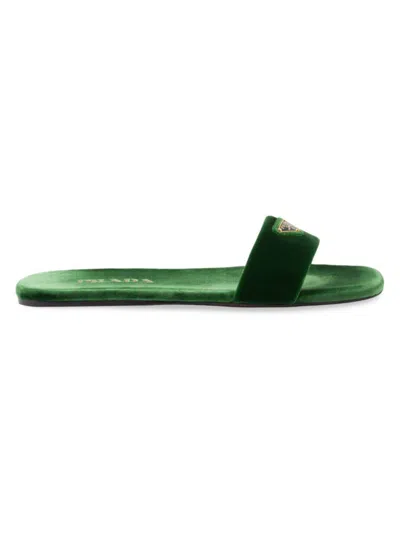 Prada Women's Flat Velvet Slides In Green