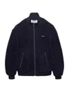 Prada Womens Blue Funnel-neck Embroidered Logo-patch Wool Blend Fleece Jacket