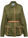 Prada Re-nylon Leather Belted Jacket In Green