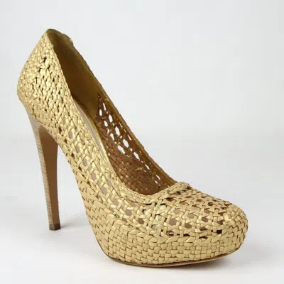 Pre-owned Prada Women's Gold Metallic Leather Woven Platform Pump Heel 1ip064