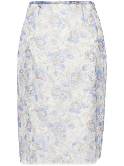 Prada Knee-length Fitted Skirt With Floral Detailing In Blue