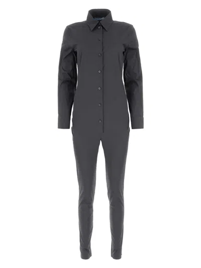 PRADA WOMEN'S GRAPHITE STRETCH POPLIN JUMPSUIT