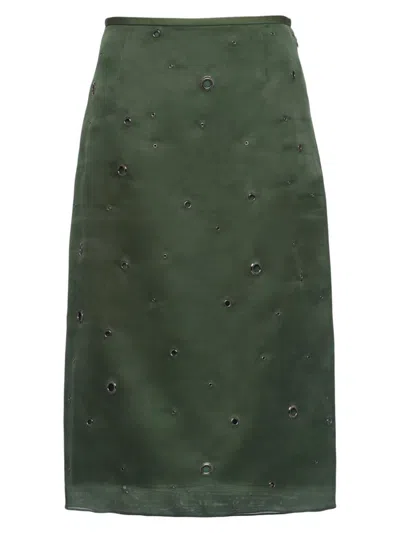 Prada Eyelet-embellished Silk Midi Skirt In Green