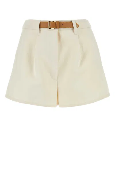Prada Canvas Leather Belted Shorts In Beige Khaki