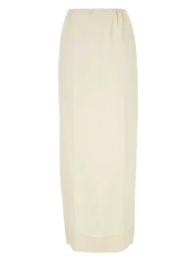 Prada Linen Skirt With Elastic Waistband And Front Slit In Neutral