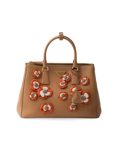 Prada Women's Large Galleria Leather Bag With Floral Appliqués In Beige Khaki