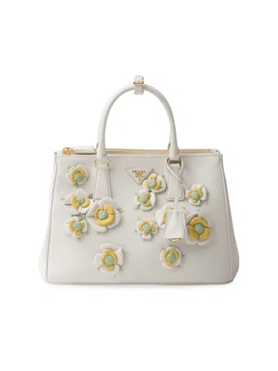 Prada Women's Large Galleria Leather Bag With Floral Appliqués In White