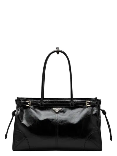 Prada Womens Black Brand-plaque Large Leather Shoulder Bag