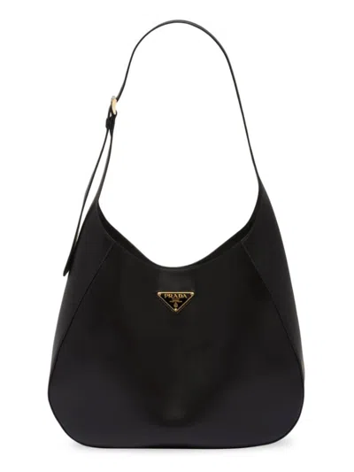 Prada Women's Large Leather Shoulder Bag With Topstitching In Black