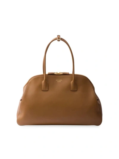 Prada Women's Large Leather Tote Bag With Zipper Closure In Brown