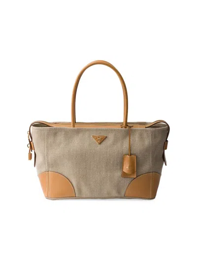 Prada Large Linen And Leather Tote Bag In Neutral