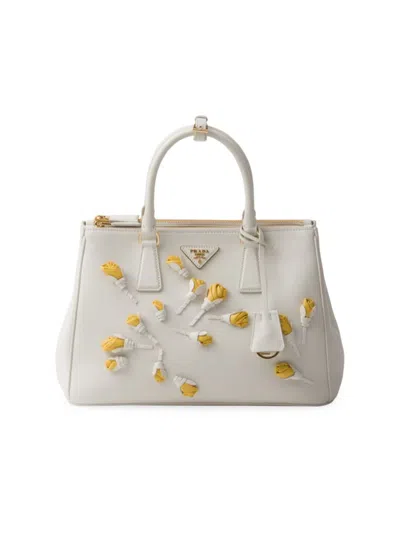Prada Women's Large Galleria Leather Bag With Floral Appliqués In White