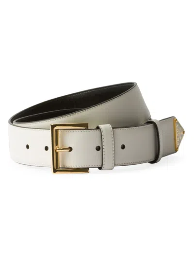Prada Triangle-logo Leather Belt In White Gold