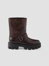 Prada Leather Ankle Boots Chunky Heel Round Toe In Brown