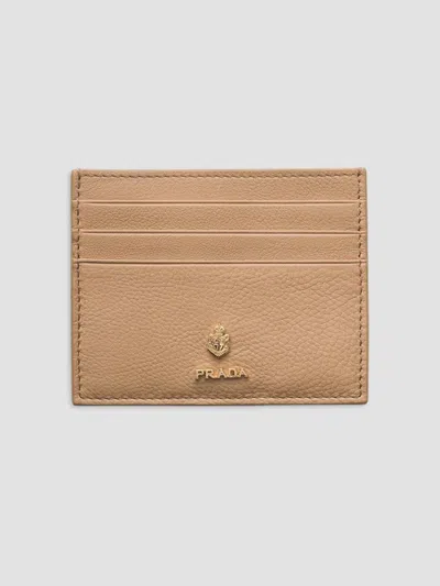 Prada Women's Leather Card Holder In Beige Khaki