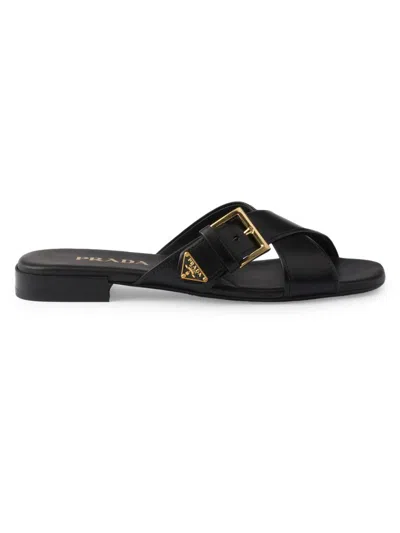 Prada Leather Crisscross Slides With Buckle Shoes In Black