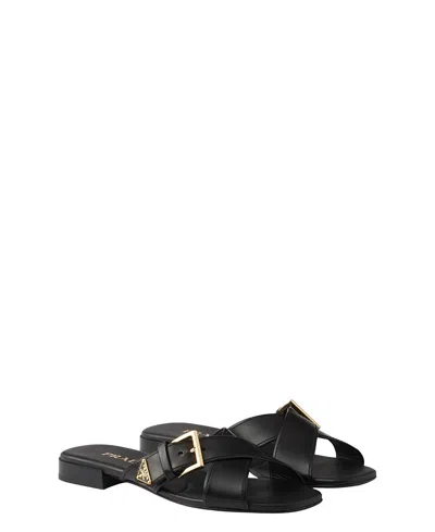 Prada Leather Crisscross Slides With Buckle Shoes In Black
