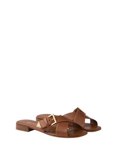 PRADA WOMEN'S LEATHER CRISSCROSS SLIDES WITH BUCKLE