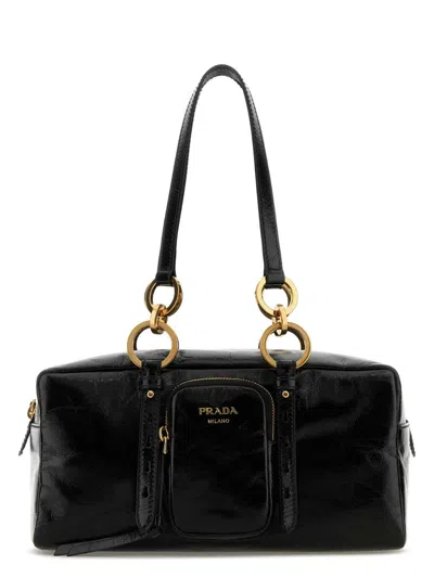Prada Leather Handbag With Double Handles And Front Pocket In Black