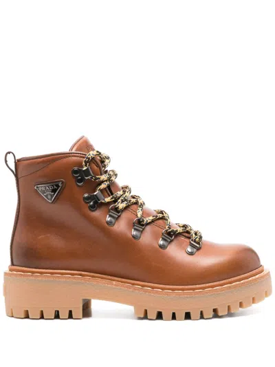 Prada Women Leather Lace-up Boots In Brown