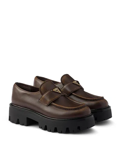 Prada Women's Leather Loafers In Brown