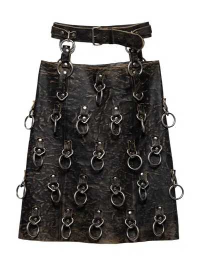 Prada Women's Leather Miniskirt With Metal Rings In Black